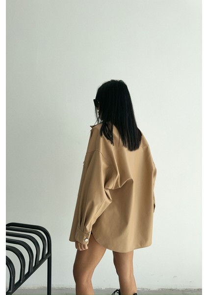 Düğmeli Deri Gömlek Boyfriend - Bej fırsatları