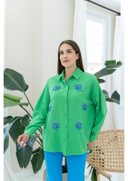 Yeşil Deniz Kabuk Desenli Gömlek