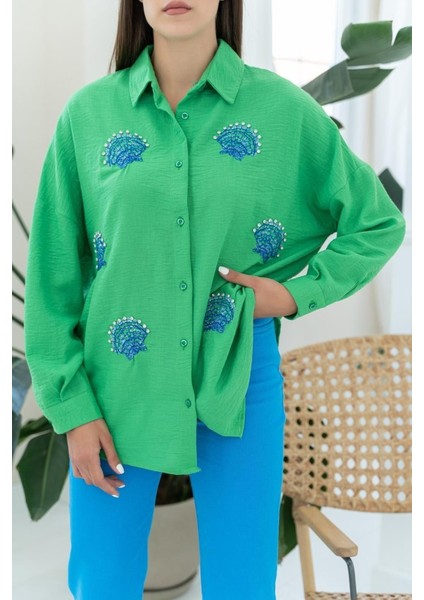 Yeşil Deniz Kabuk Desenli Gömlek modelleri