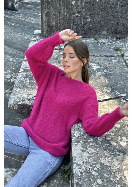 Fuşya Baklava Desenli Triko Kazak fiyatları