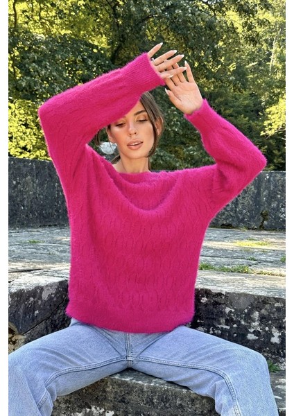 Fuşya Baklava Desenli Triko Kazak indirimleri