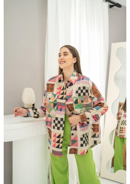 Fuşya Desenli Kapitone Cepli Gömlek