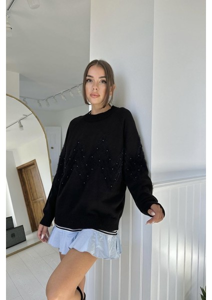 Siyah Zikzak Boncuklu Triko Kazak fiyatları