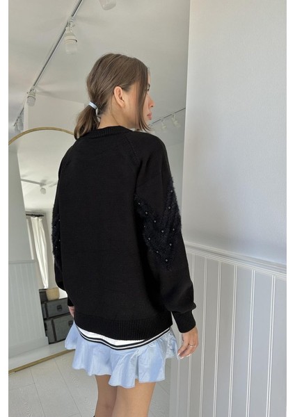 Siyah Zikzak Boncuklu Triko Kazak modelleri