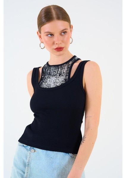Munn Collection Içi Baskılı Halter Yaka Kaşkorse Atlet - Siyah