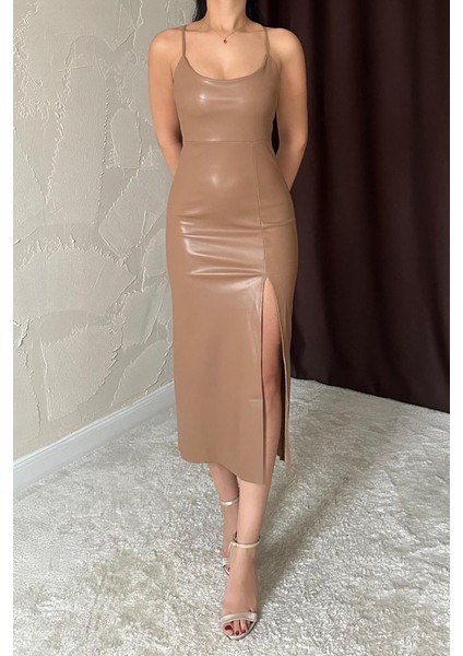 Bej Sırt Dekolteli Deri Elbise modelleri
