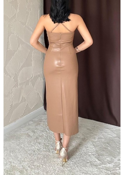 Bej Sırt Dekolteli Deri Elbise fırsatları