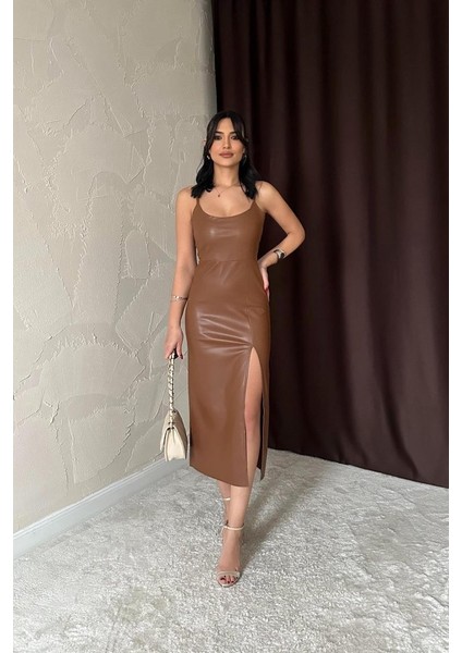 Kahverengi Sırt Dekolteli Deri Elbise fiyatları