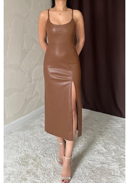 Kahverengi Sırt Dekolteli Deri Elbise modelleri