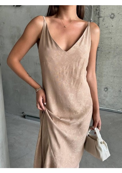 Jakarlı Askılı Saten Elbise Asimetrik - Kahverengi modelleri