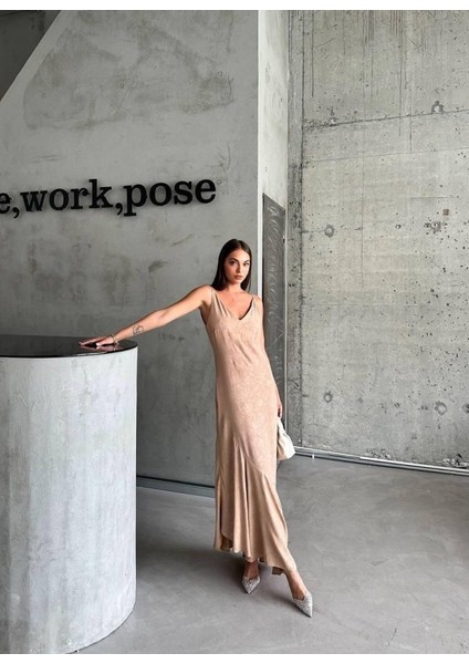 Jakarlı Askılı Saten Elbise Asimetrik - Kahverengi fırsatları