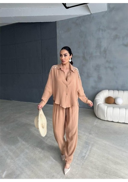 Omuz Saçak Deniz Kabuğu Gömlek - Pantolon Takım - Bej modelleri