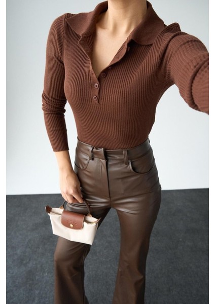 Munn Collection Polo Yaka 6 Düğmeli Kazak - Kahve
