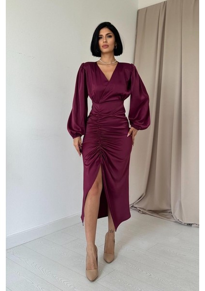 Mor V Yaka Saten Elbise