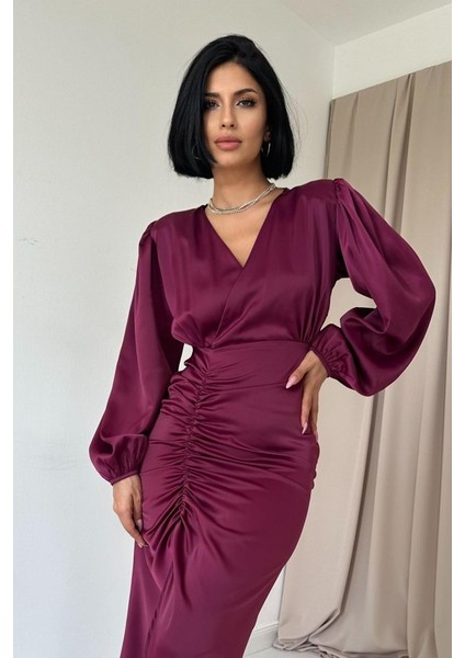 Mor V Yaka Saten Elbise fiyatları
