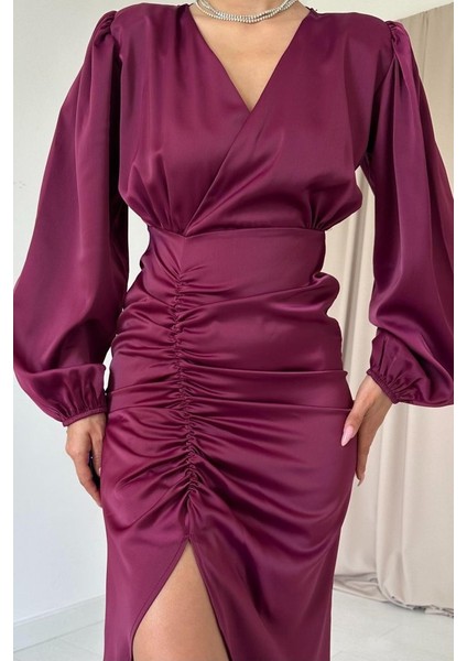Mor V Yaka Saten Elbise modelleri