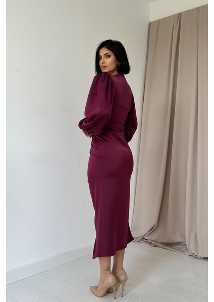 Mor V Yaka Saten Elbise fırsatları