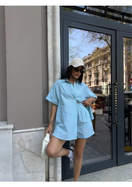 Çizgili Parçalı Keten Gömlek-Şort Takım - Yeşil