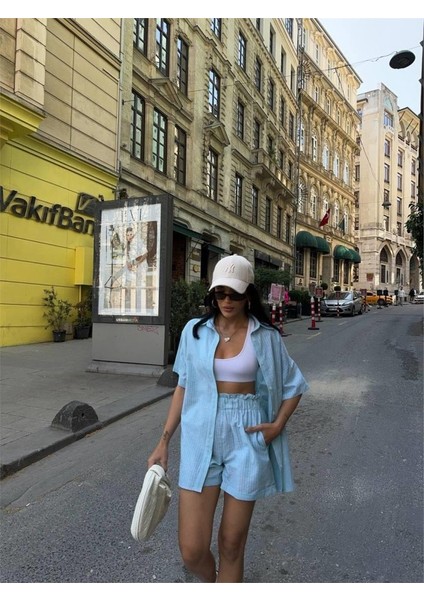 Çizgili Parçalı Keten Gömlek-Şort Takım - Yeşil fiyatları