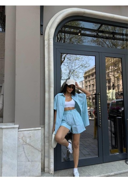 Çizgili Parçalı Keten Gömlek-Şort Takım - Yeşil indirimleri