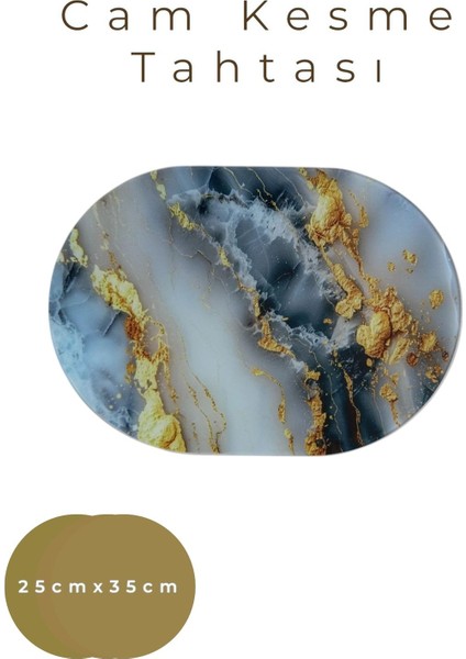 Cam Kesme Tahtası* Mutfak Tahtası Oval 25X35CM Mermer Mavi Altın Görünümlü