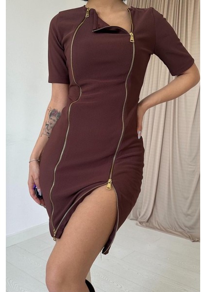 Kahverengi Fermuarlı Ottoman Elbise modelleri