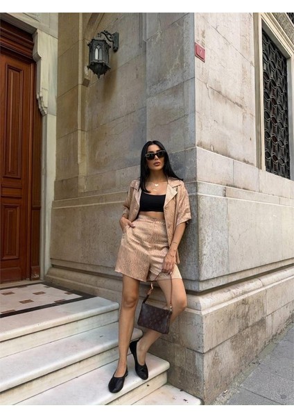 Jakarlı Gömlek -Şort Takım - Bej