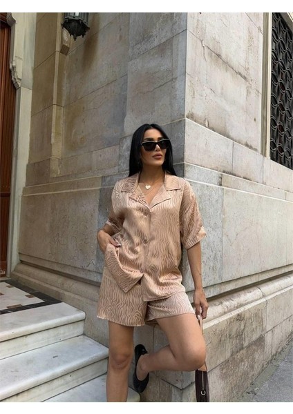 Jakarlı Gömlek -Şort Takım - Bej modelleri