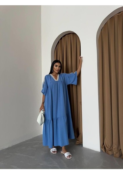 Yaka-Kol Hasır Biye Şeritli Keten Salaş Elbise - Mavi