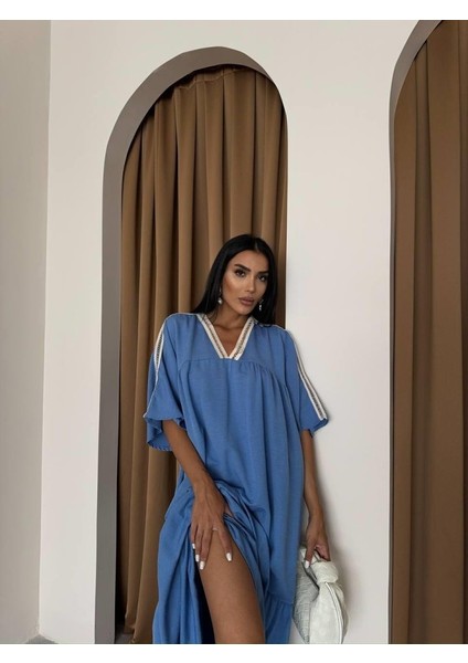 Yaka-Kol Hasır Biye Şeritli Keten Salaş Elbise - Mavi fiyatları