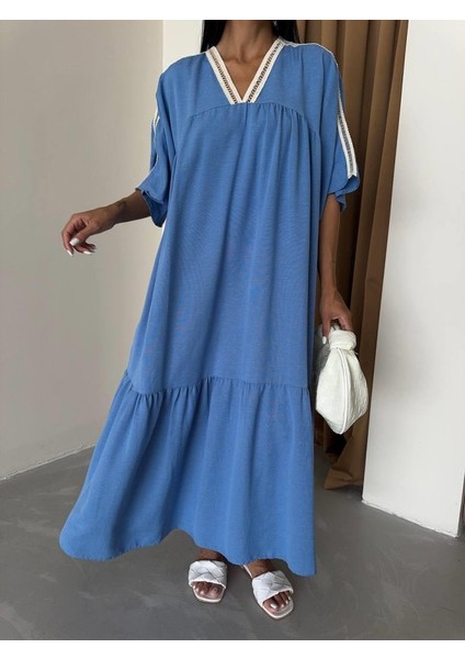 Yaka-Kol Hasır Biye Şeritli Keten Salaş Elbise - Mavi modelleri