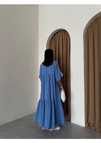 Yaka-Kol Hasır Biye Şeritli Keten Salaş Elbise - Mavi fırsatları