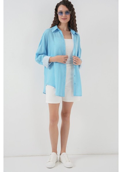 Çizgili Oversize Gömlek 20295 - Mavi fiyatları
