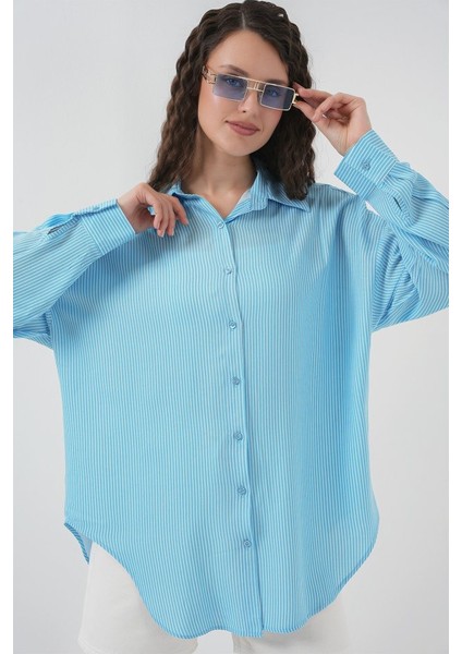 Çizgili Oversize Gömlek 20295 - Mavi modelleri