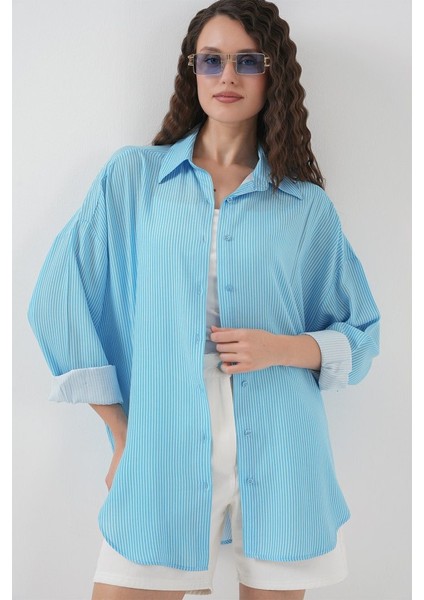 Çizgili Oversize Gömlek 20295 - Mavi fırsatları