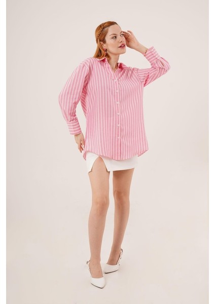 Munn Collection Çift Çizgi Geçişli Düğmeli Pembe Gömlek fiyatları