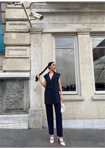 Çizgili Uzun Yelek - Pantolon Takım Polviscon - Lacivert modelleri