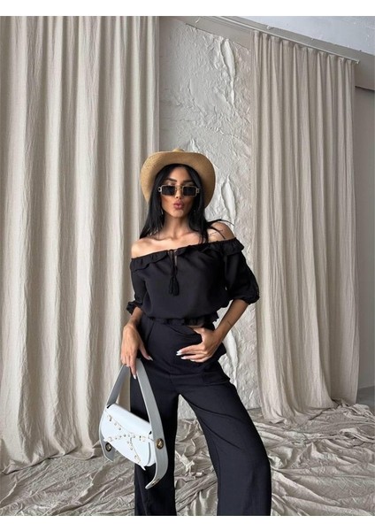 Munn Collection Keten Madonna Yaka Kol Hasır Şerit - Pantolon Takım - Siyah