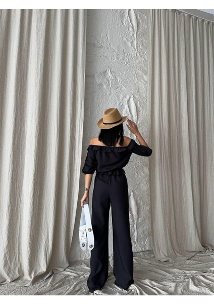 Munn Collection Keten Madonna Yaka Kol Hasır Şerit - Pantolon Takım - Siyah fiyatları