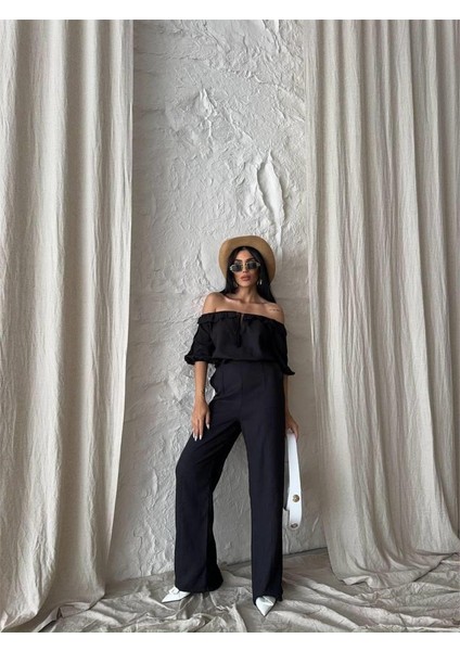 Munn Collection Keten Madonna Yaka Kol Hasır Şerit - Pantolon Takım - Siyah modelleri