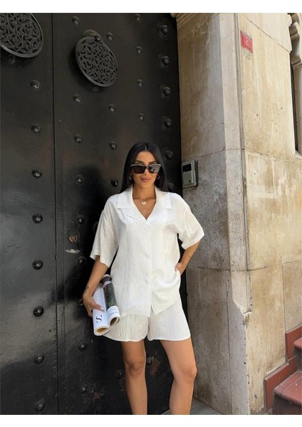 Jakarlı Gömlek -Şort Takım - Beyaz