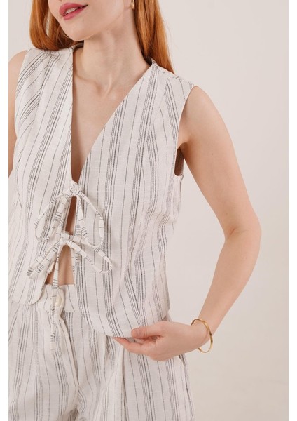 Ön Bağlama Detaylı Yelek ve Pantolon Siyah Çizgili Ikili Takım fiyatları