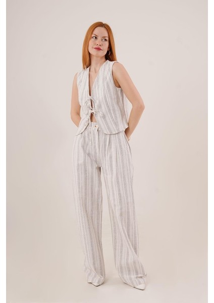 Ön Bağlama Detaylı Yelek ve Pantolon Siyah Çizgili Ikili Takım modelleri