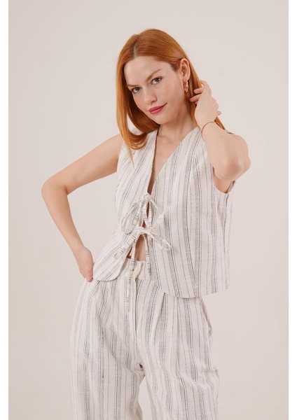 Ön Bağlama Detaylı Yelek ve Pantolon Siyah Çizgili Ikili Takım fırsatları