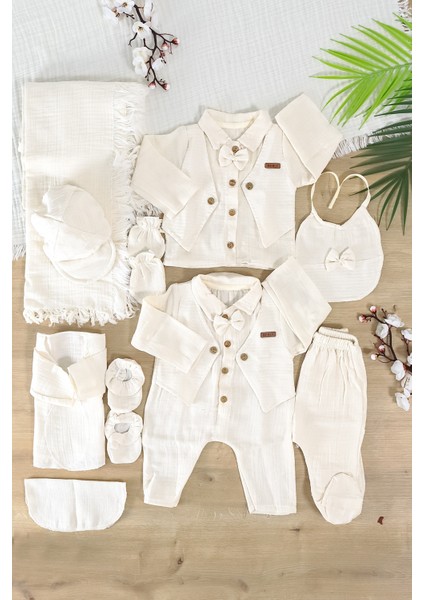 Erkek Bebek Yenidoğan Yelekli Yazlık ve Mevsimlik Müslin Mavi 10 Lu Lüks Hastane Çıkışı Zıbın Seti STL7013