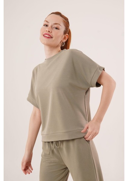 Munn Collection Modal Kısa Kollu Üst ve Geniş Paça Eşofman Ikili Yağ Yeşili Takım