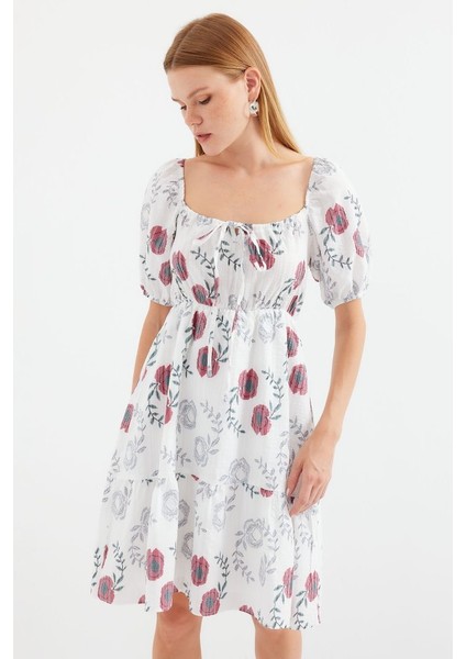 2508 Desenli Mini Kloş Elbise - Ekru