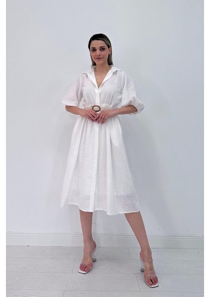 Beyaz Gizli Pat Yakalı Elbise modelleri