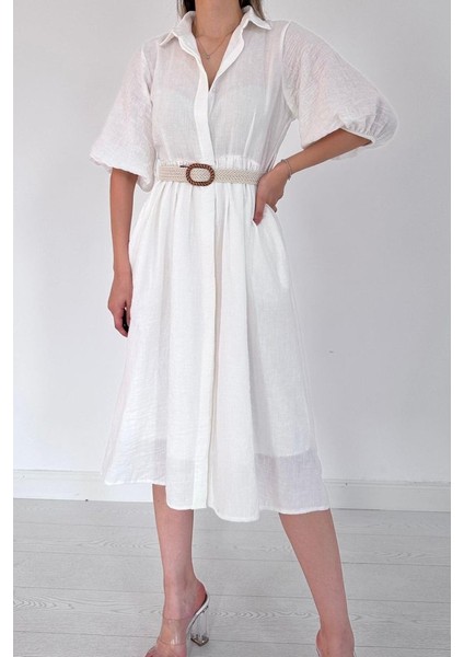 Beyaz Gizli Pat Yakalı Elbise fırsatları