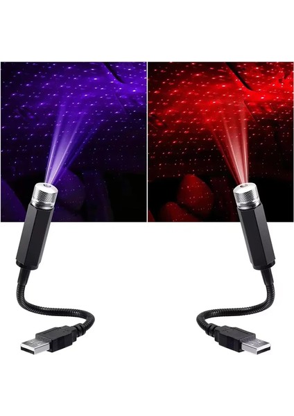 USB Lazer Yıldız Projektörü 2 Adet Kırmızı Mor Gece Lambası Oto Aksesuarı